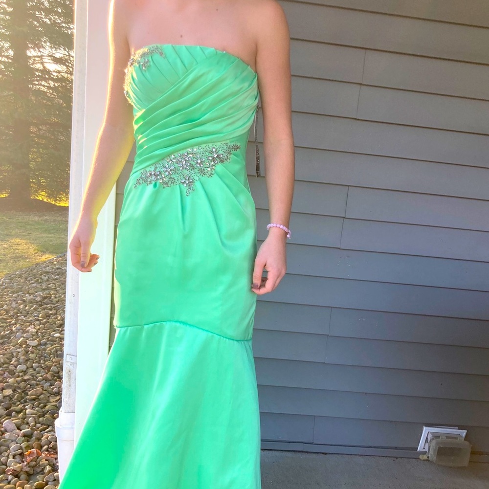 Spring green strapless masquerade prom dress